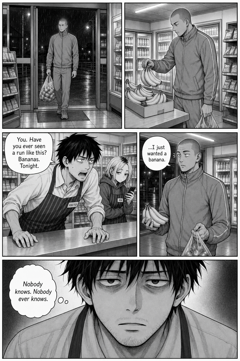 The tracksuit regular takes a bunch of bananas; Kaito demands to know if he's ever seen a run like this, and the man just says he wanted a banana.