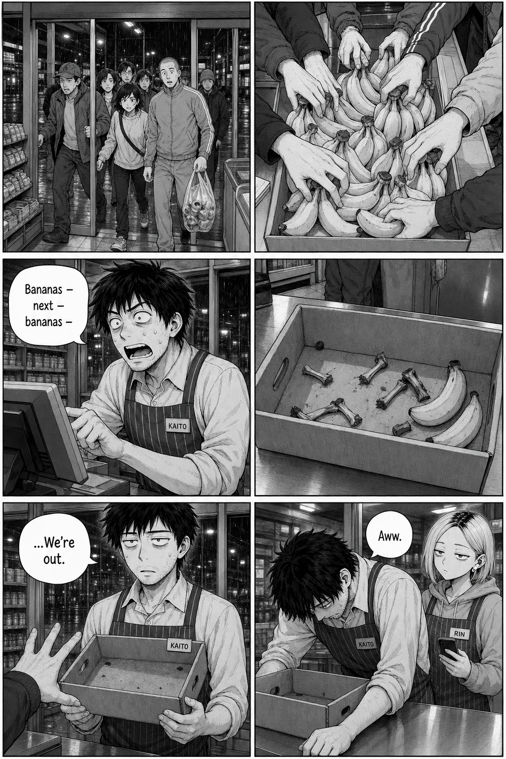 A crowd surges in and empties the crate; Kaito rings up frantically, then holds up the empty crate again, dead-eyed: "...We're out."