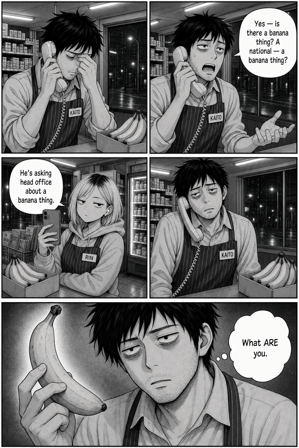 Kaito phones head office to ask if there's "a banana thing" while Rin films him; he ends up staring at a single banana like evidence.