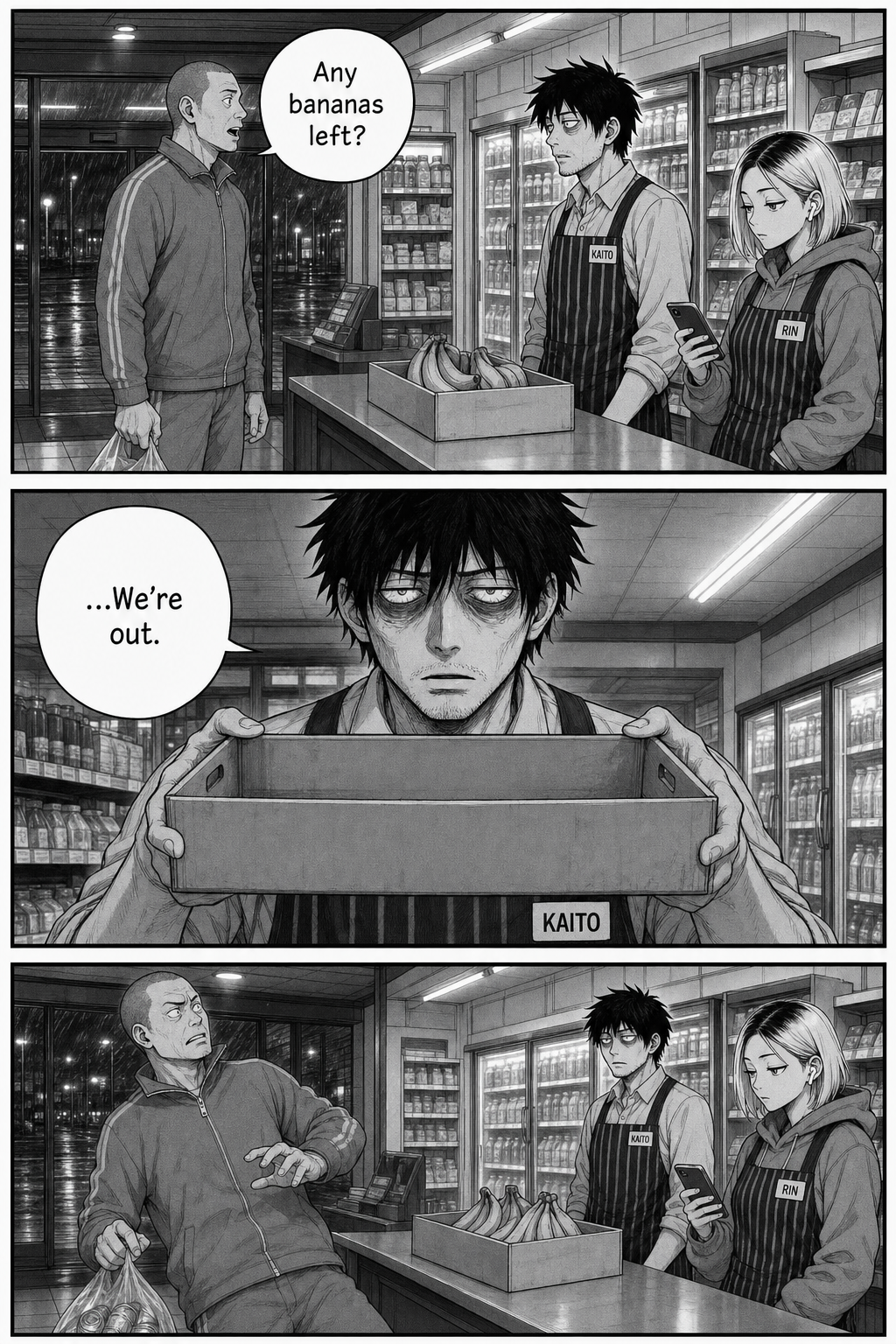 Running gag, third time: a customer asks if any bananas are left and a hollow, feral Kaito holds up the empty crate: "...We're out."
