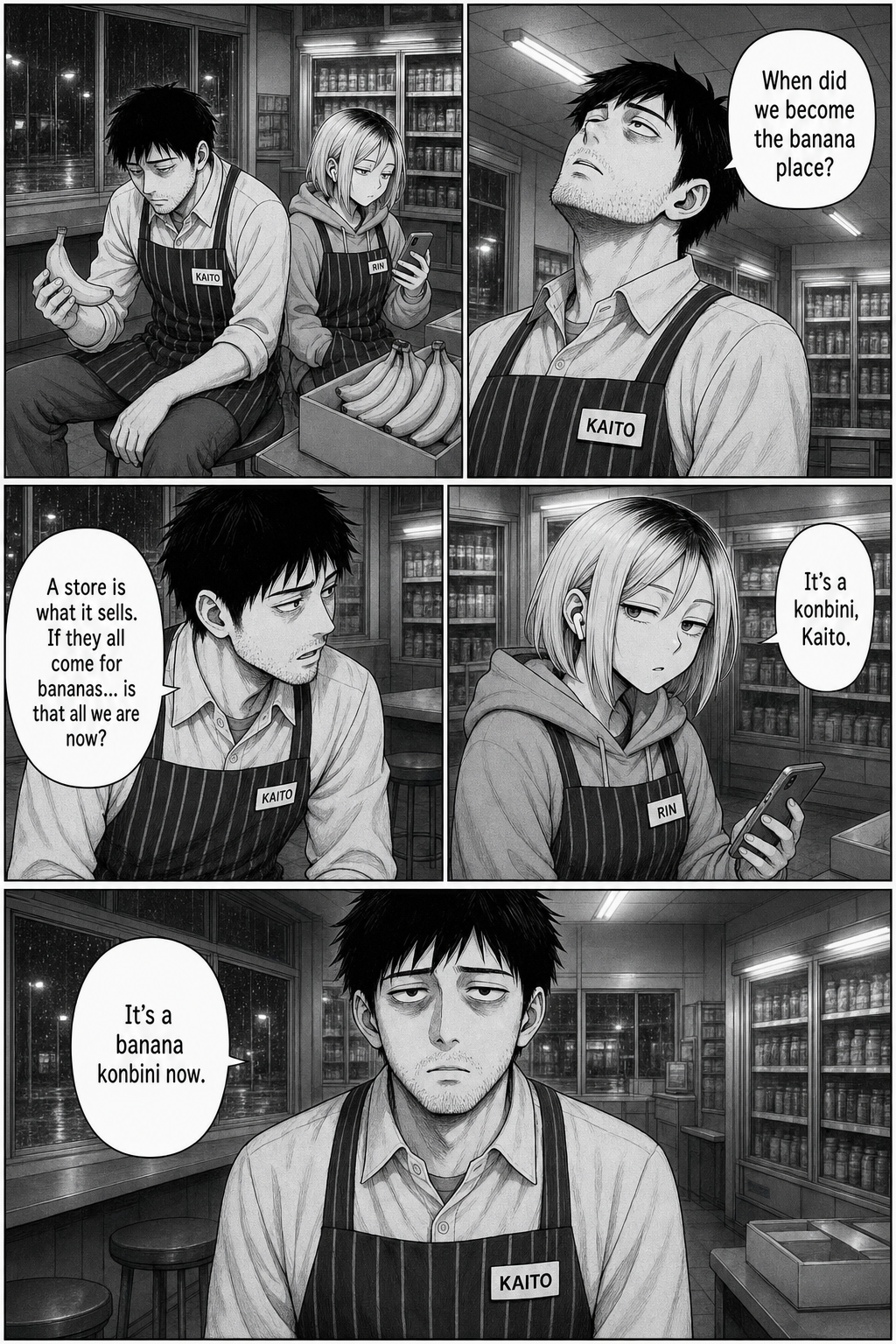 Wrung out, Kaito asks Rin when they became "the banana place"; she flatly reminds him it's a konbini, and he concludes it's a banana konbini now.