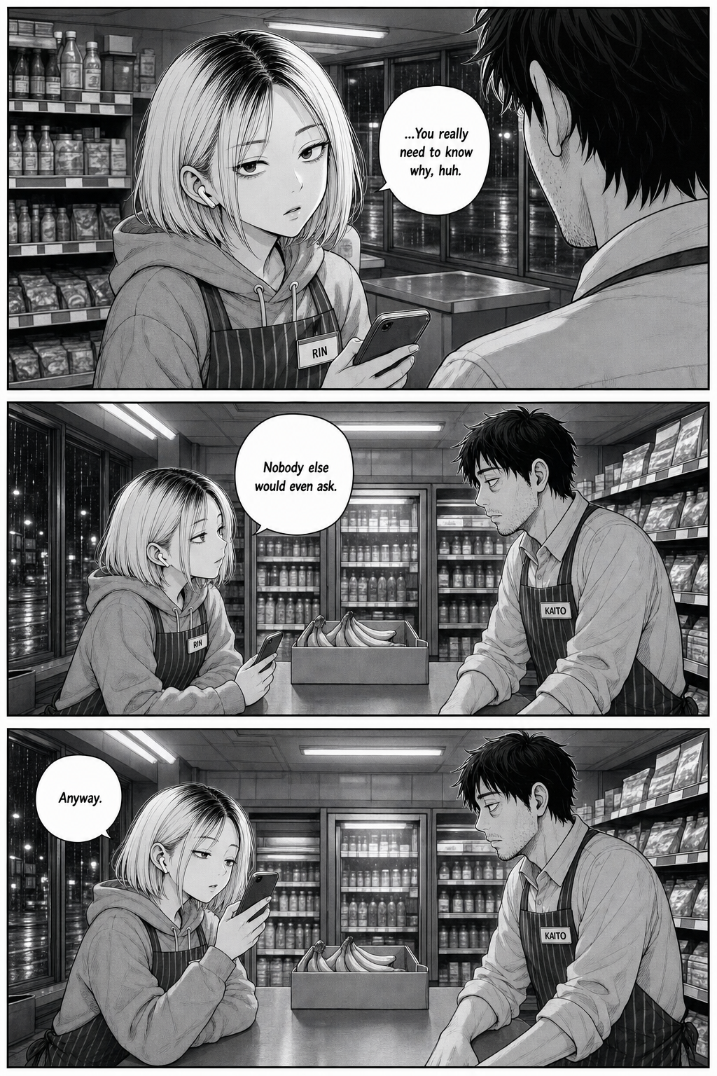 Rin's one soft moment: she lowers her phone, tells Kaito he really needs to know why and that nobody else would even ask — then raises the phone again: "Anyway."