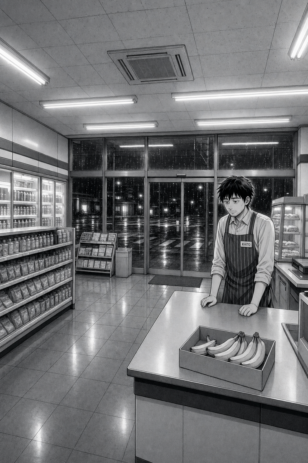 A silent wide panel: the empty store, rain at the windows, Kaito small and alone at the counter beside a half-restocked banana crate.