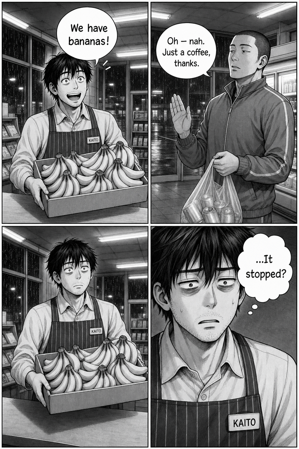 The running gag inverts: Kaito springs up with a full crate crowing "We have bananas!" — but the customer just wants a coffee. The demand has stopped.