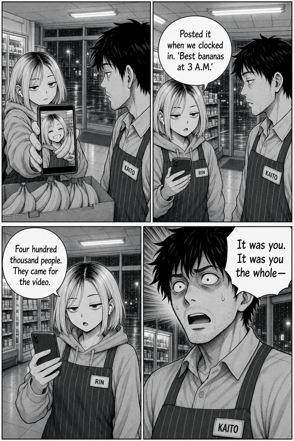 Rin turns her phone around: she posted a "best bananas at 3 A.M." video when they clocked in; four hundred thousand people came for it. Kaito realizes it was her all along.