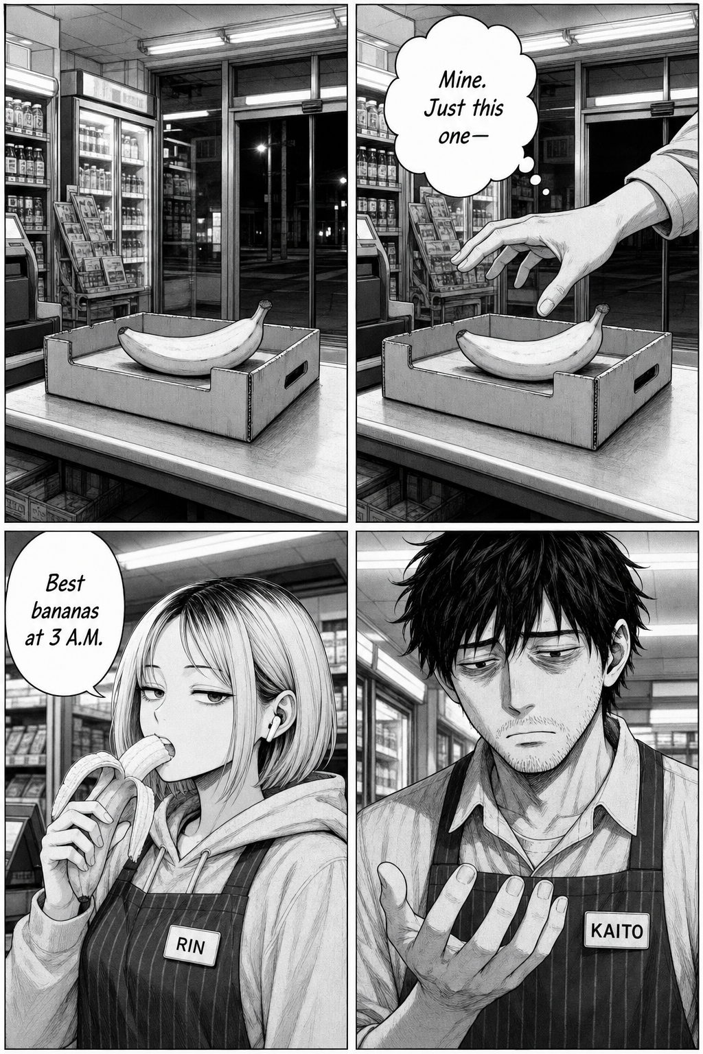 One banana is left on the counter; as Kaito reaches for it, Rin has already taken it and bites into it, leaving Kaito staring at his empty hand.