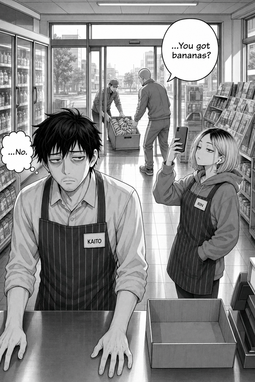 Dawn mirror of page 1: daylight fills the spotless store, a fresh delivery crate of bananas arrives, a new customer heads for it asking "You got bananas?" and Kaito flatly thinks "...No."