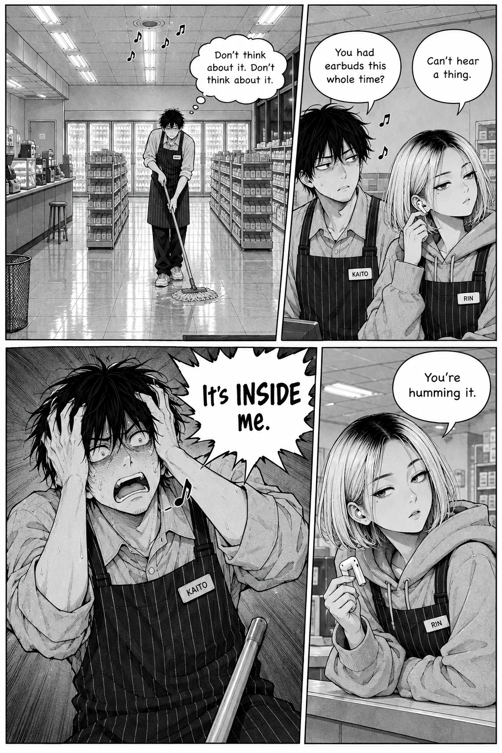 Kaito mops the convenience-store floor while thinking, then talks with Rin, who holds an earbud; he later clutches his head as Rin tells him he is humming.