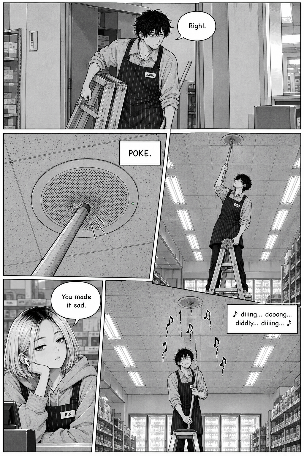 Kaito, wearing a striped apron, carries a stepladder and pokes a ceiling speaker with a long pole while Rin watches from the counter, and music notes appear around him.