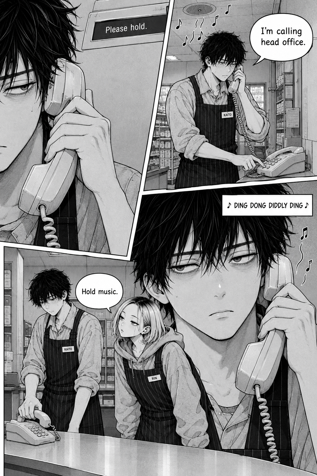 Kaito holds a telephone receiver to his ear at the store counter while Rin stands beside him and tells him to hold the music.