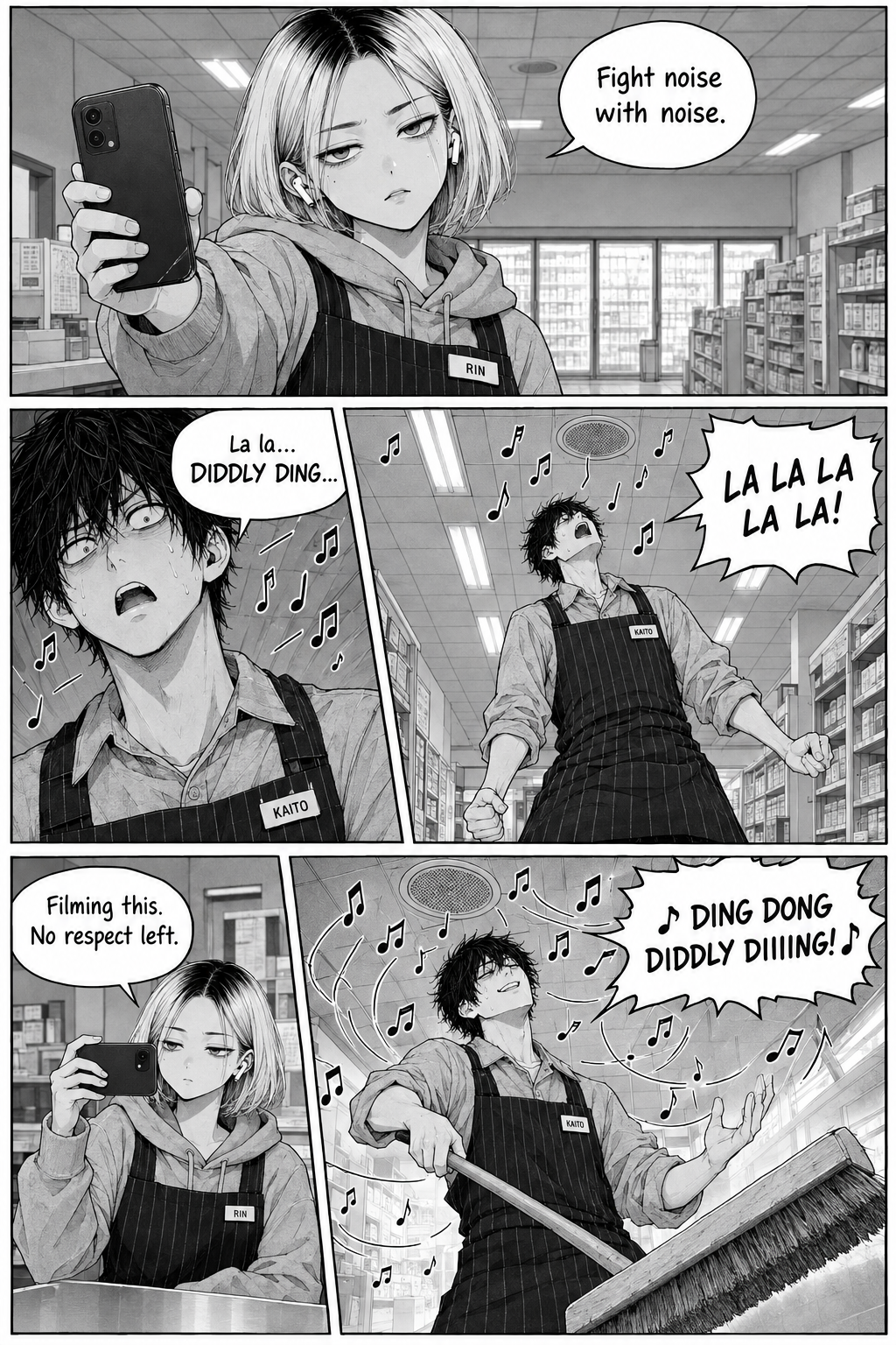 Rin holds up her phone in a store aisle while Kaito sings among floating musical notes and conducts with a push broom, and she films him.