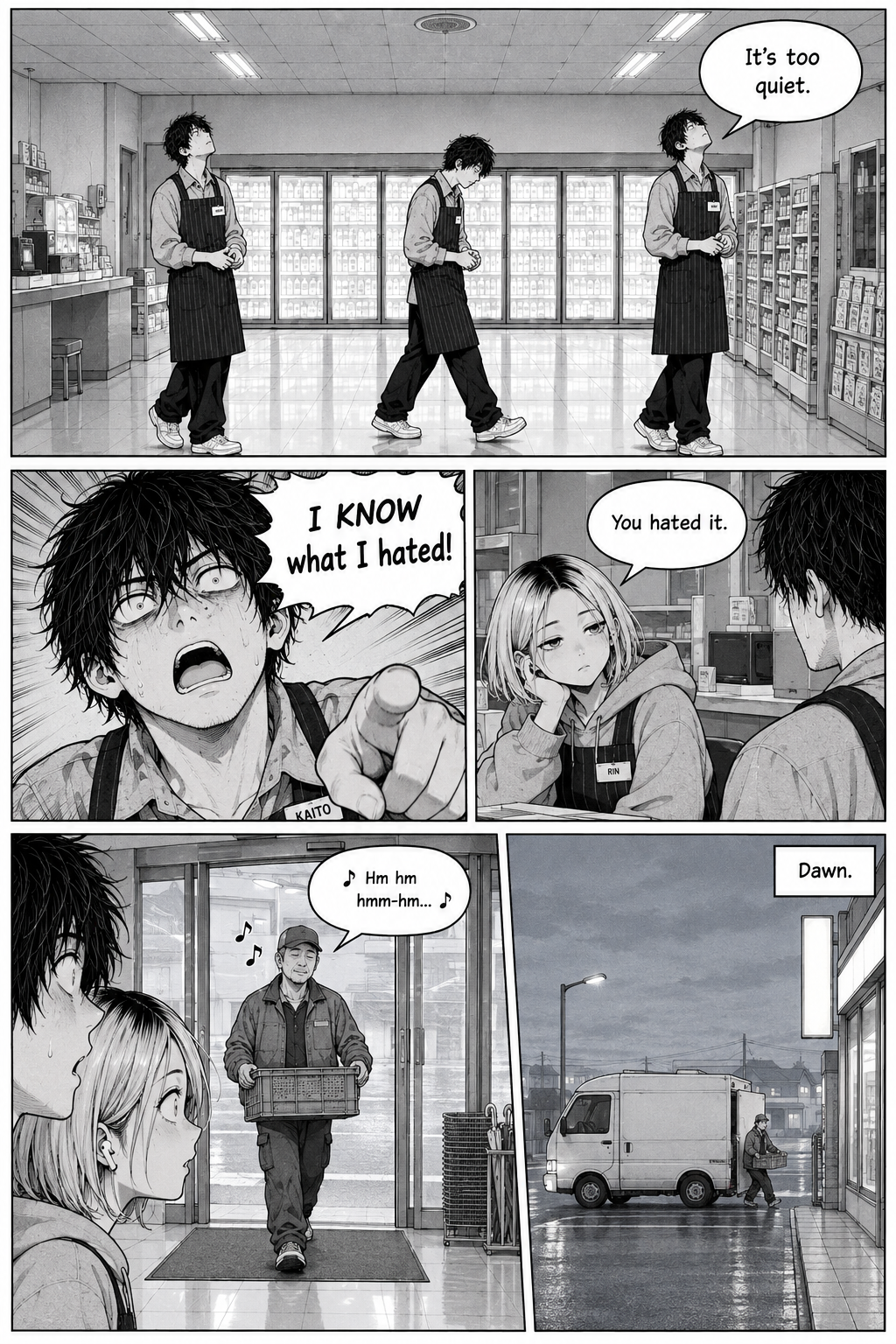 Kaito paces through the quiet store, shouts at Rin as she looks at him, and then they watch an older man carrying a crate enter while dawn light shows outside.