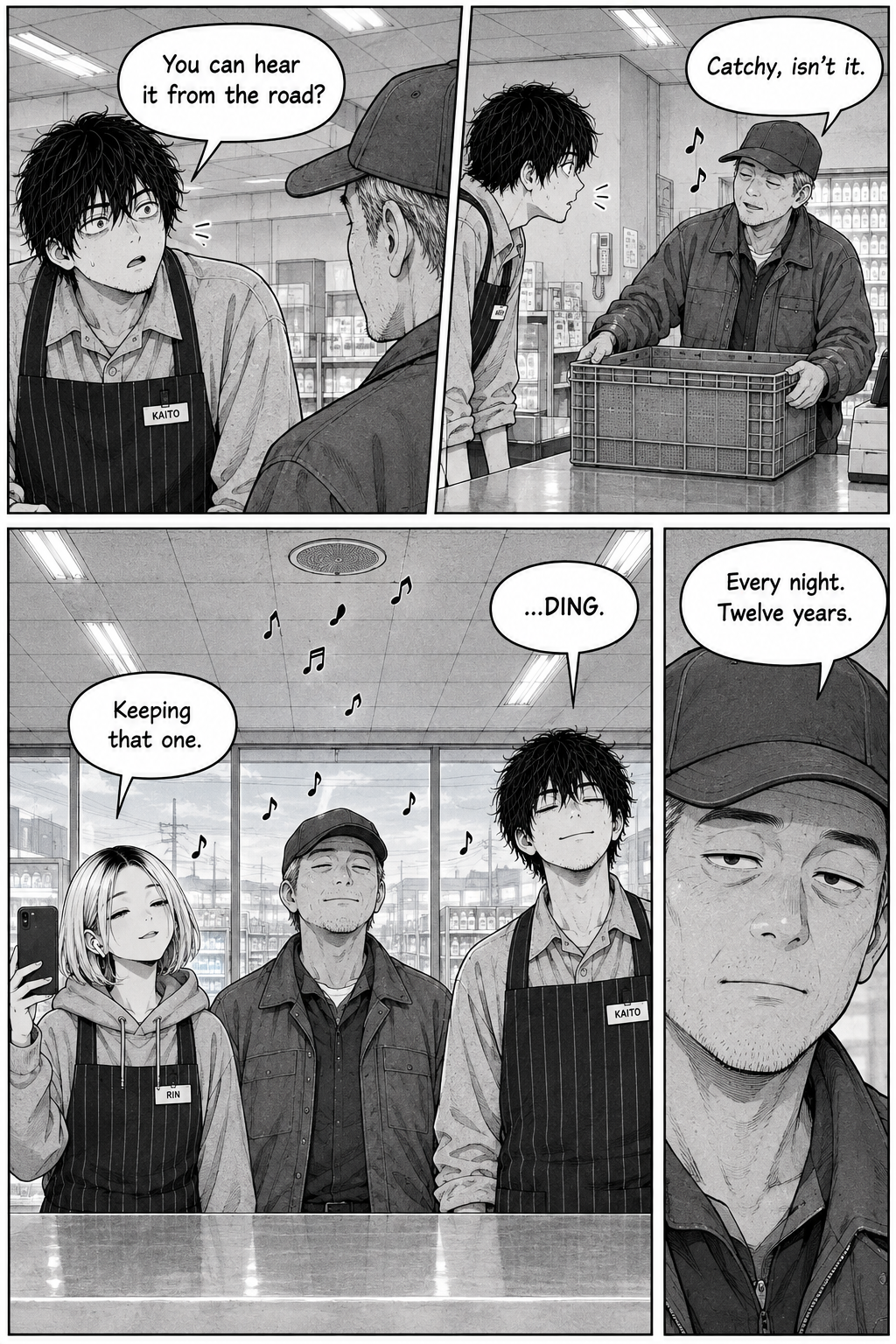 Kaito, Rin, and a capped older man are in a shop as the man sets a crate on the counter and the three stand together beneath drifting musical notes.