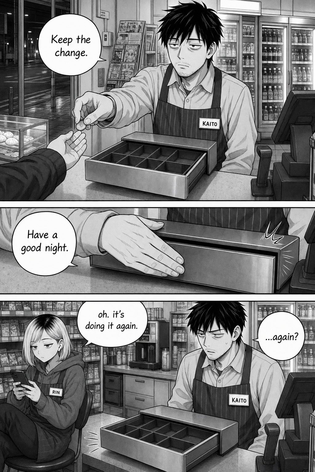 At the counter, Kaito takes a coin from a customer as the register's cash drawer sits open; it then eases back open on its own while Rin watches from her stool.