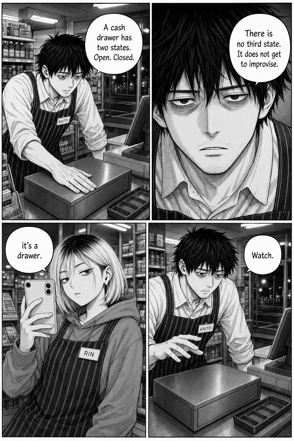 Kaito holds the cash drawer shut and lectures deadpan about a drawer having only two states while Rin films him flatly.