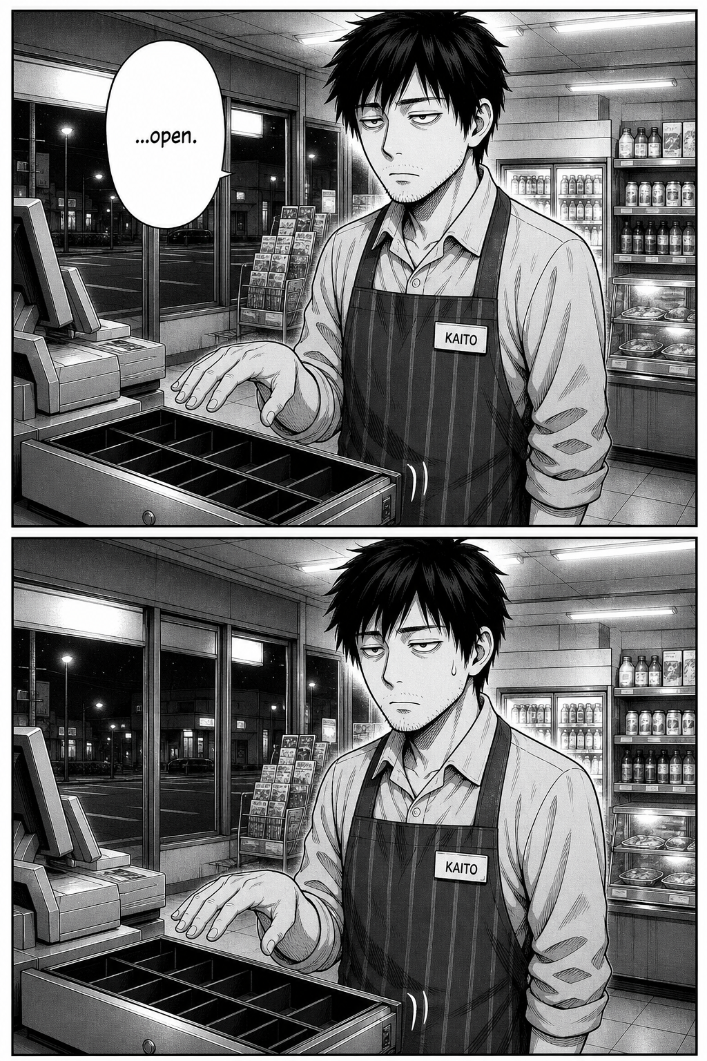The cash drawer eases open again as Kaito's hand hovers over it, dead-eyed; a silent beat panel follows with a single sweat drop.