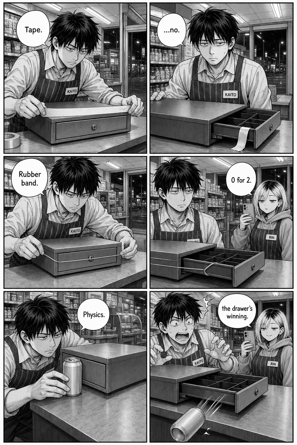 Kaito tries tape, a rubber band, and a propped can to keep the drawer shut; each fails and the drawer wins while Rin narrates flatly.