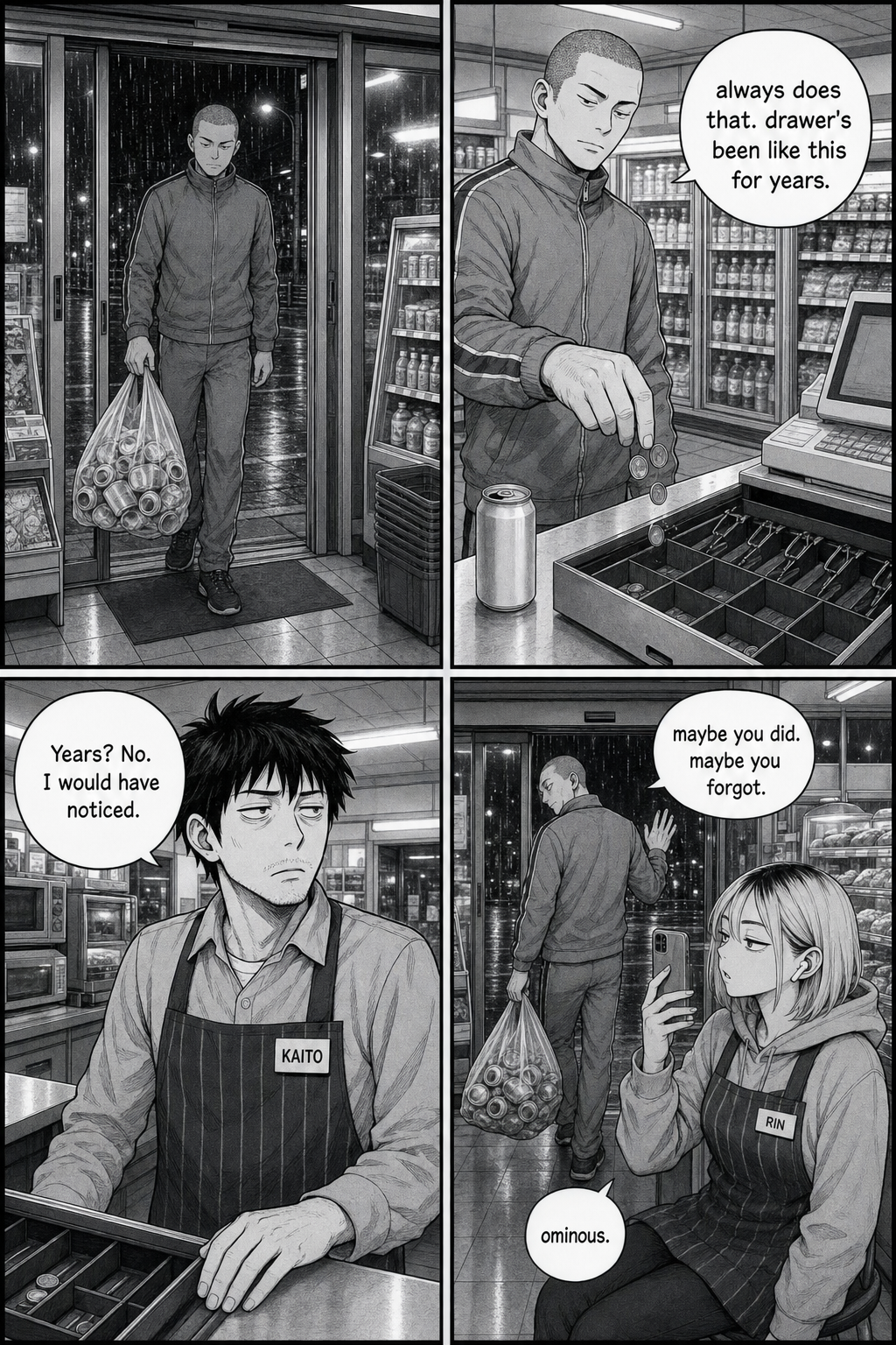 The tall shaved-head tracksuit regular with a clear bag of cans drops coins into the open drawer himself and says it's done that for years, unsettling Kaito.
