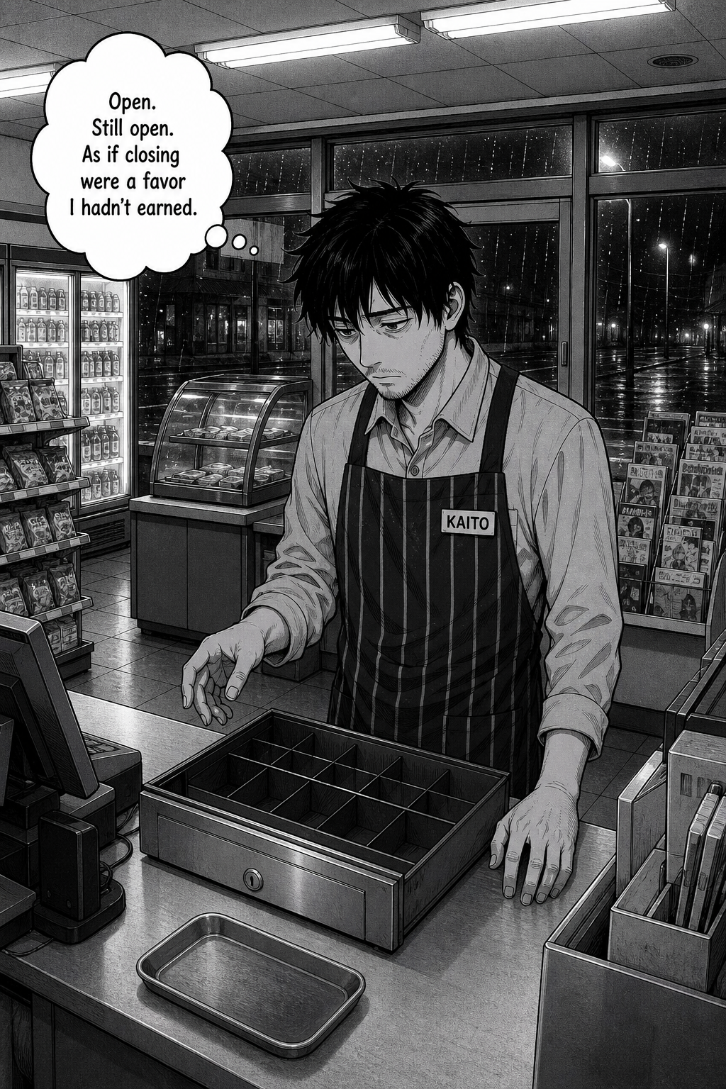 Quiet wide shot of Kaito alone at the counter staring down at the softly lit open cash drawer, rain on the windows behind him.