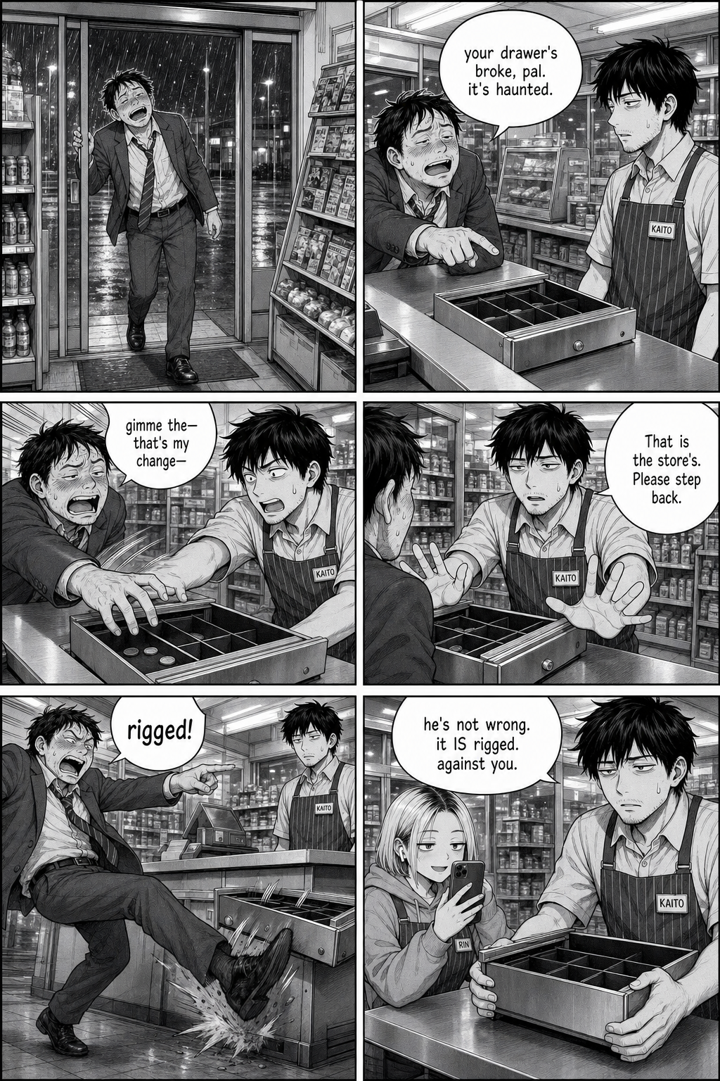 A drunk salaryman calls the drawer haunted, grabs for coins in the open tray, gets blocked by Kaito, kicks the counter and yells that it's rigged while Rin films.