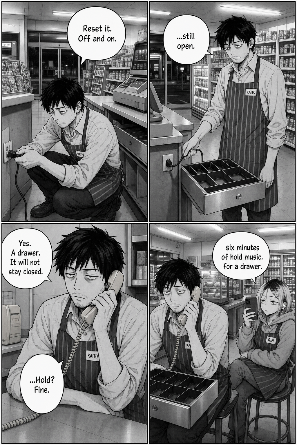 Kaito unplugs and replugs the register with no effect, then waits on hold with head office on the store phone while Rin comments on the hold music.