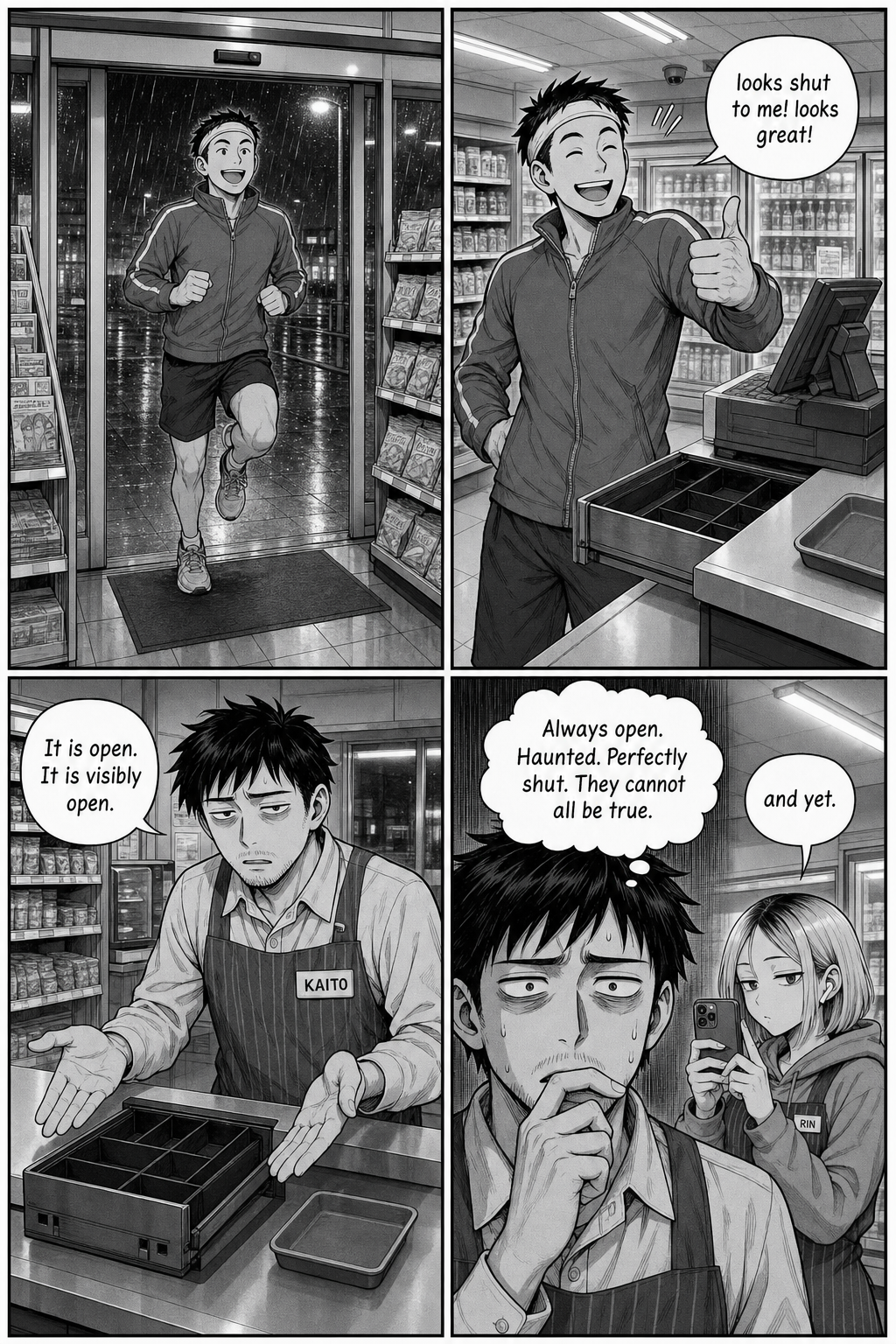 A cheerful jogger insists the drawer looks perfectly shut while it is visibly open; Kaito spirals over three witnesses whose stories can't all be true.