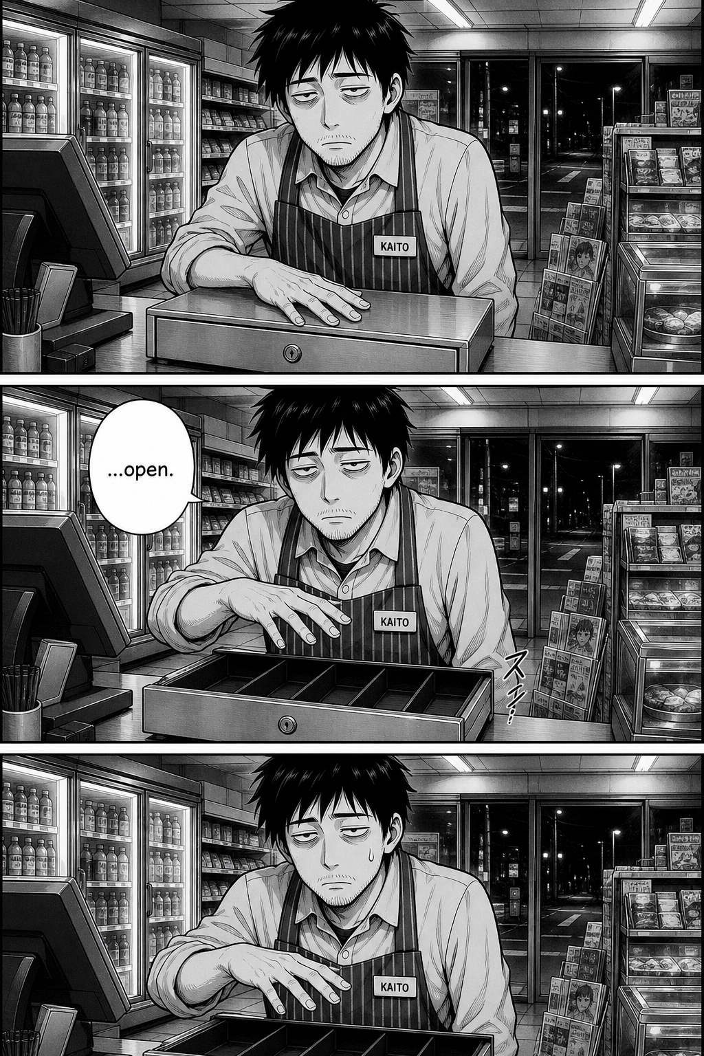 Hollow and exhausted, Kaito presses the drawer shut one more time; it eases open again, followed by a silent beat with a sweat drop.