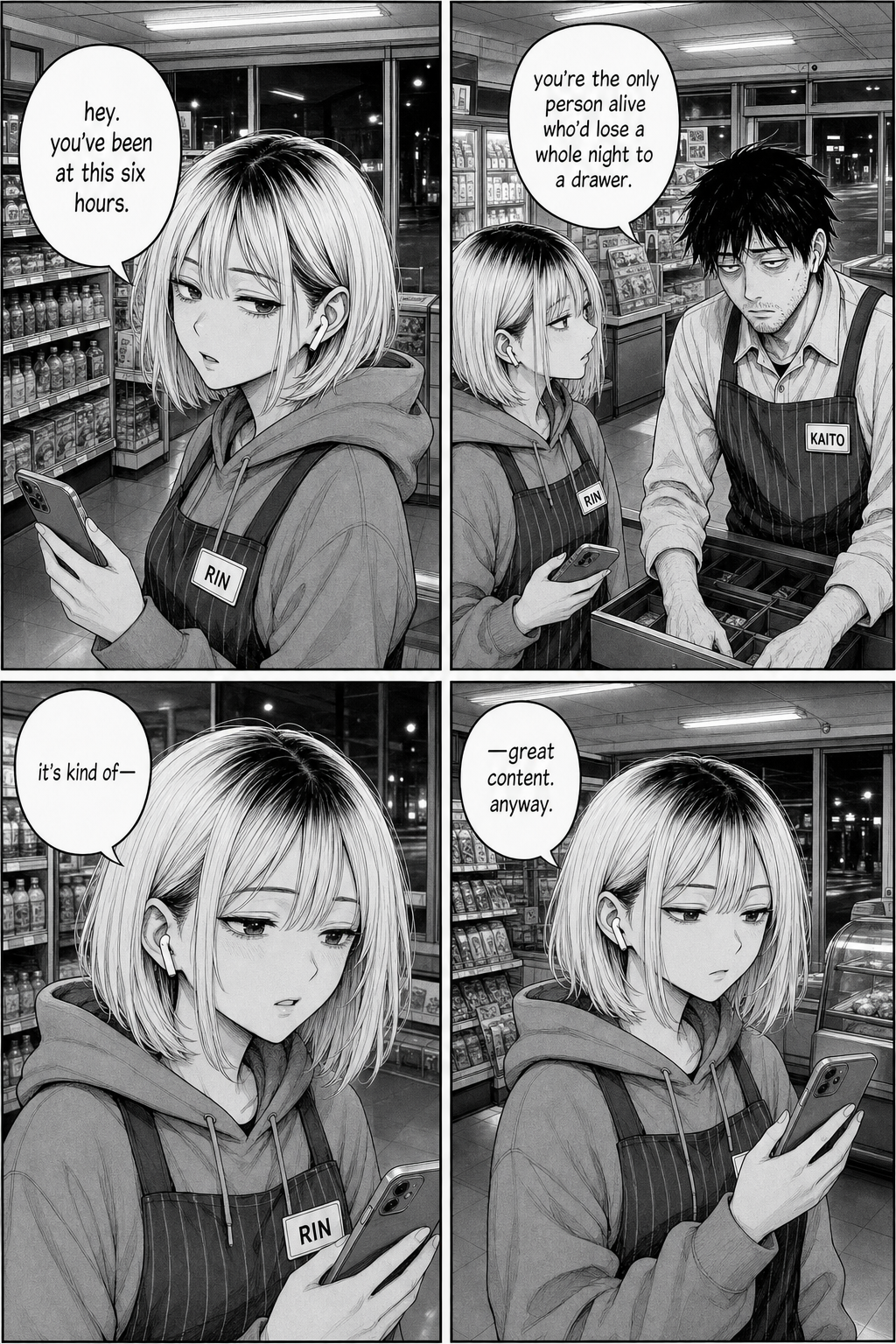 Rin lowers her phone and almost says something sincere about Kaito losing a whole night to a drawer, then catches herself and calls it great content.