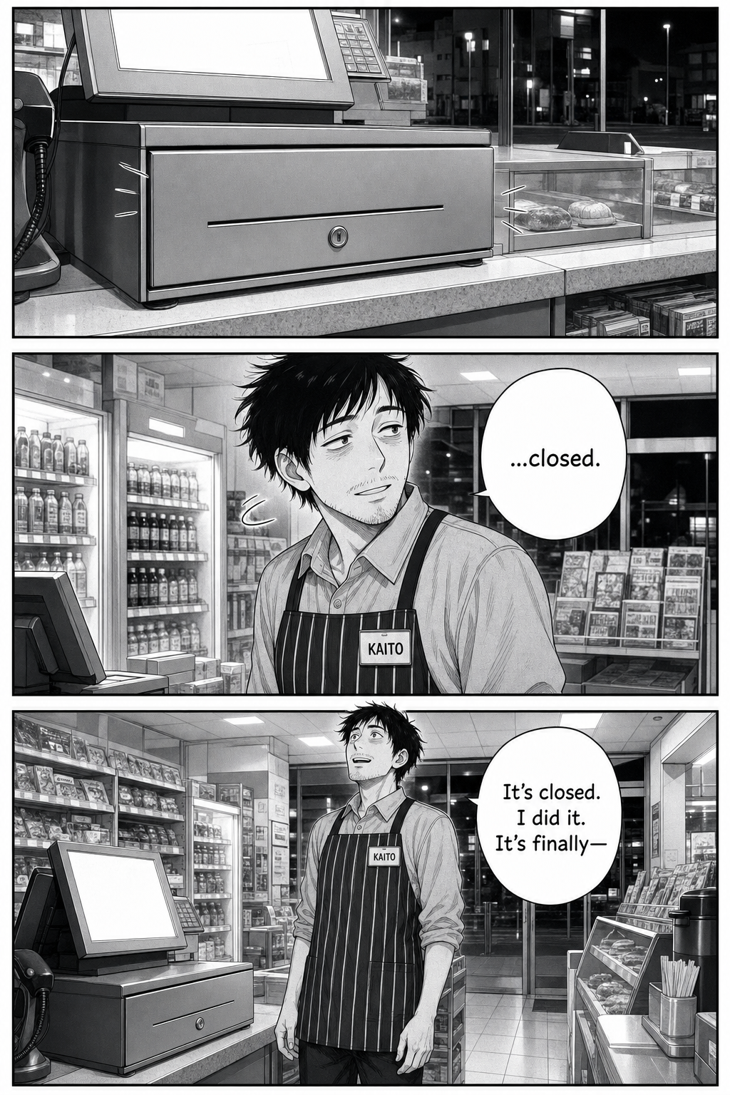 The drawer finally clicks shut and stays; Kaito turns, sees it closed, and smiles serenely for the first time all night.