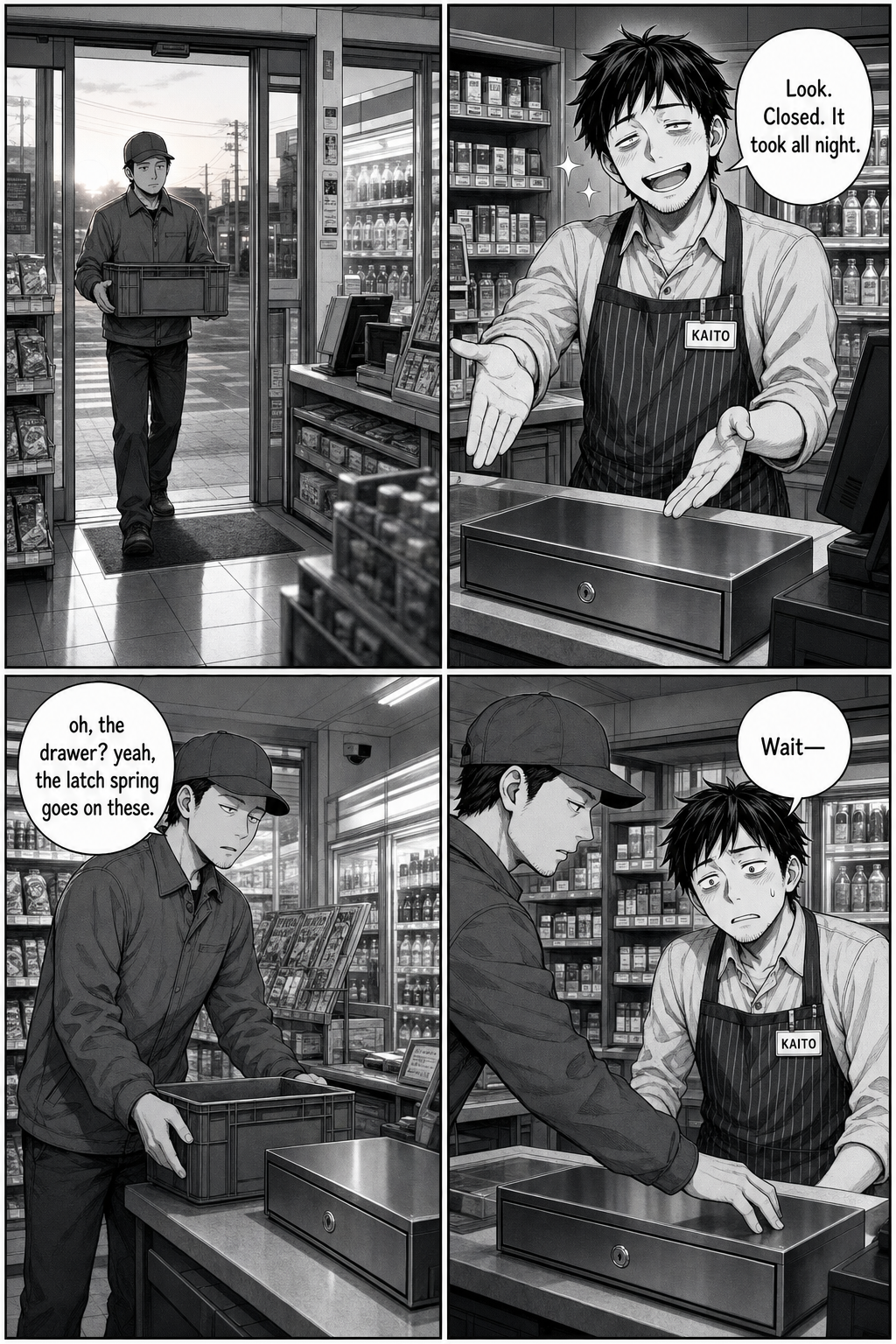 At dawn the morning-delivery driver enters with a crate; Kaito proudly shows off the closed drawer, and the driver casually mentions the latch spring.