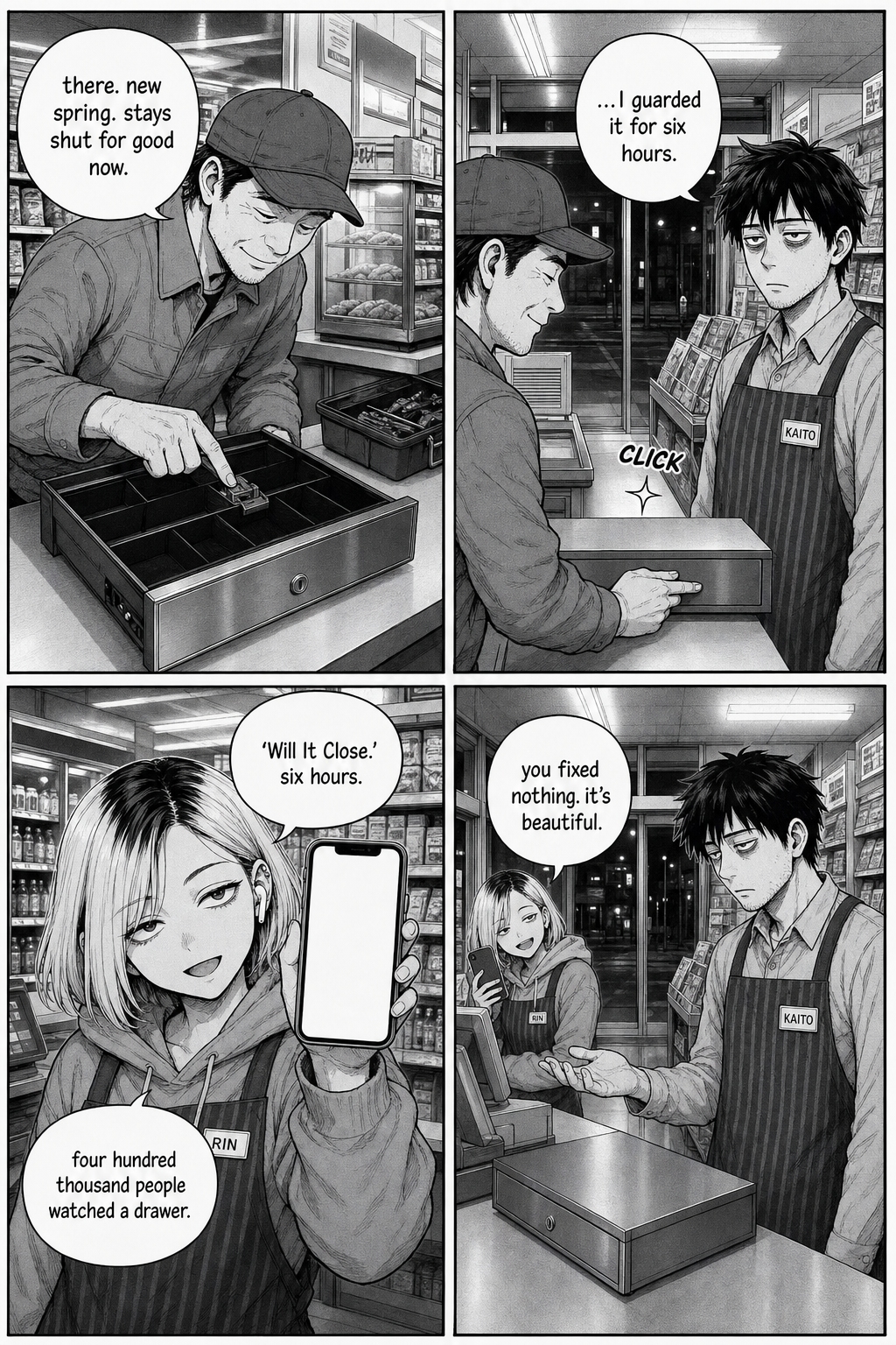The driver pops the drawer and clicks in a new spring in two seconds; a hollow Kaito realizes he guarded it for six hours as Rin reveals her stream hit 400,000 viewers.