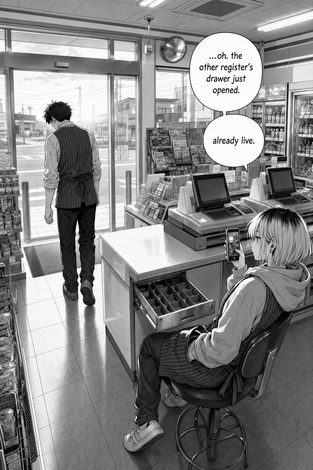 Dawn fills the spotless store, mirroring the opening shot. Kaito trudges out defeated while Rin films the second register's drawer, which has just eased open on its own.