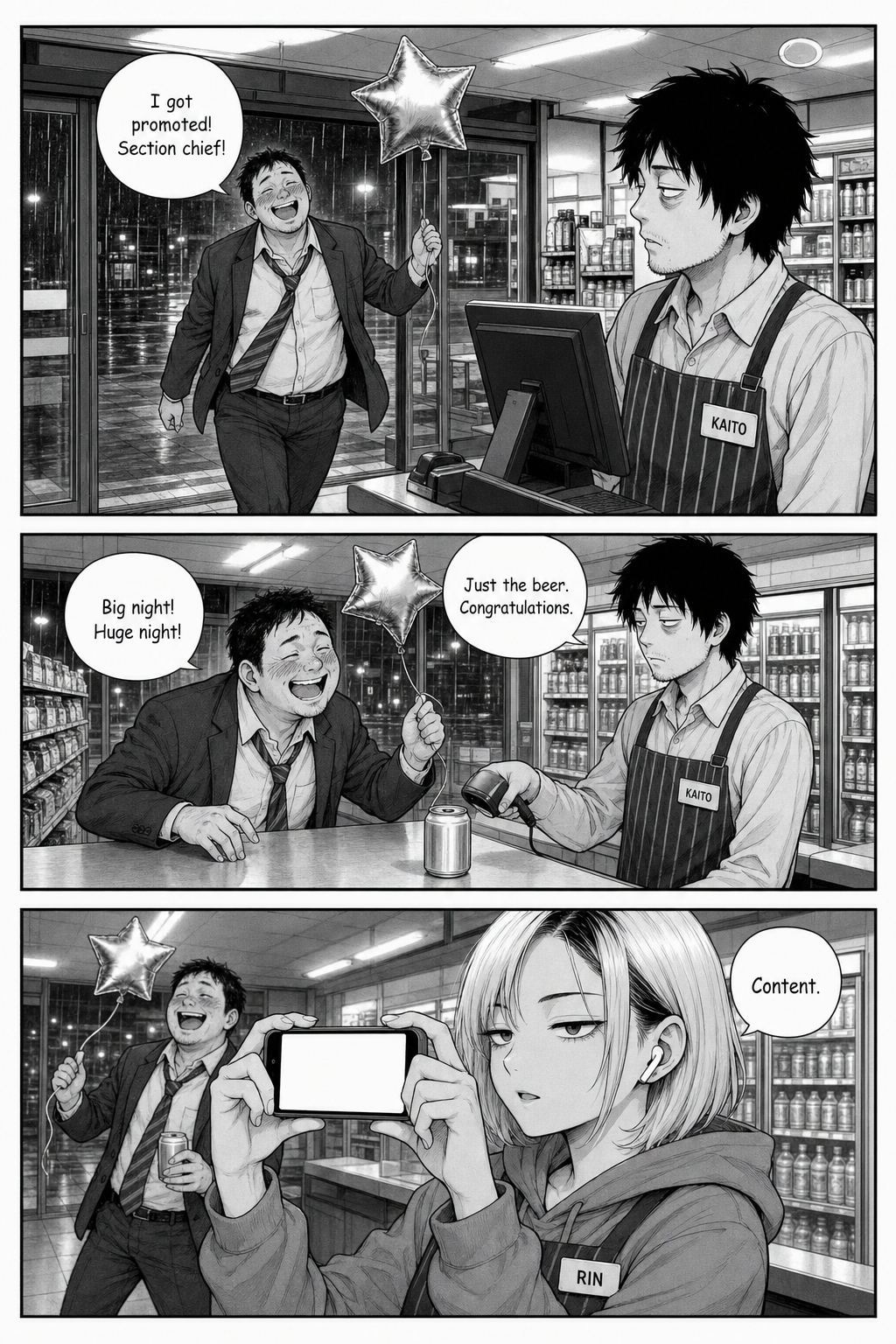 A tipsy salaryman enters holding a silver star balloon and buys a single beer while Rin films him.