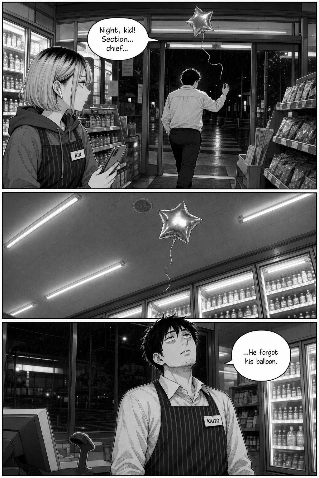 The balloon slips free and floats up to the ceiling as the oblivious salaryman walks out into the rain.