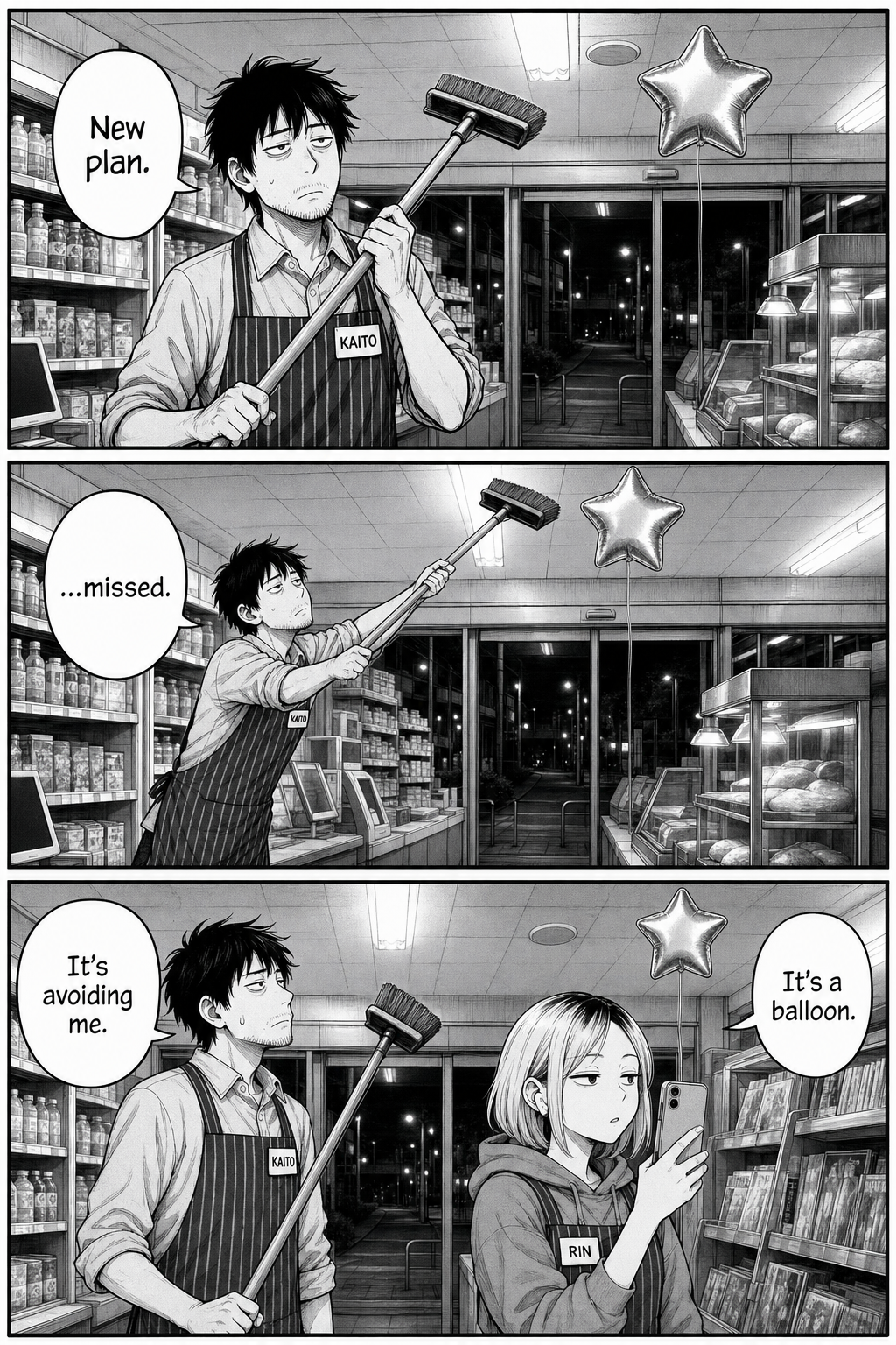 Kaito tries to knock the balloon down with a push broom but still comes up an inch short.