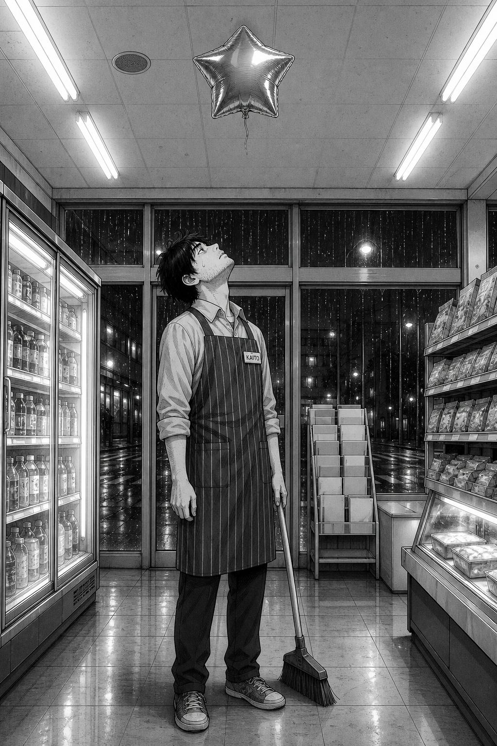 Kaito stands motionless in the aisle, broom in hand, staring straight up at the balloon on the ceiling.