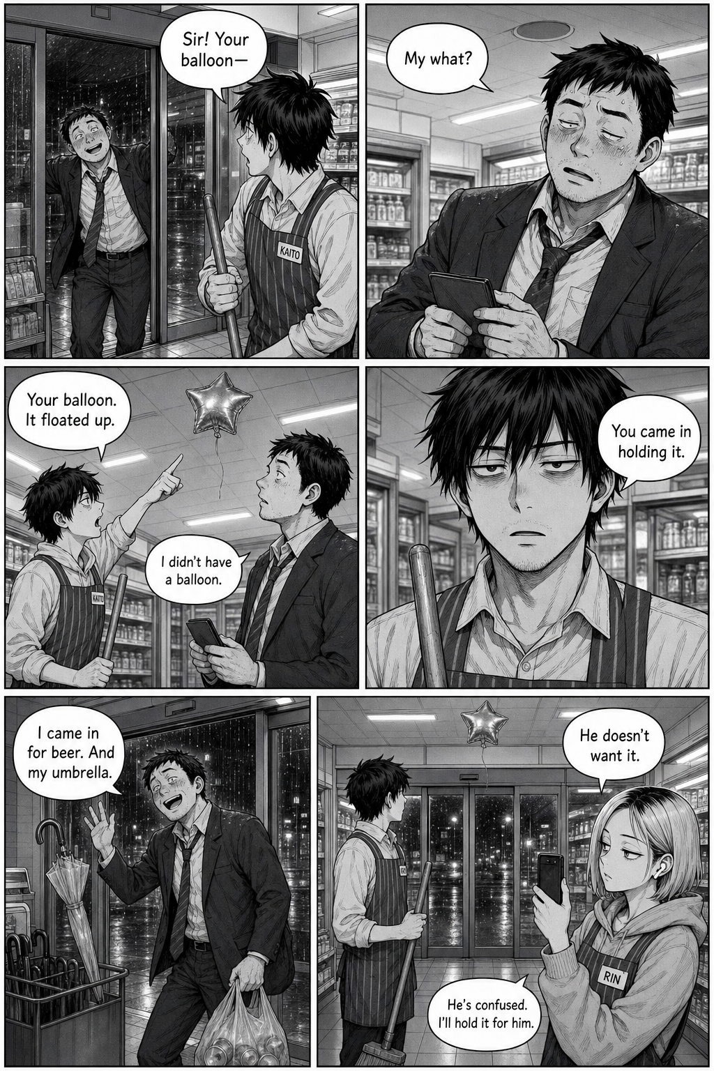 The drunk salaryman returns but only for his umbrella and doesn't remember the balloon at all.