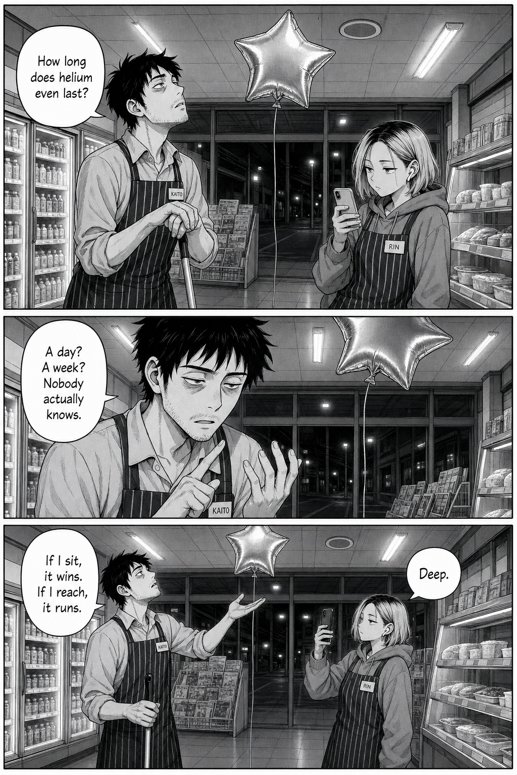 Kaito leans on the broom and spirals over how long helium lasts while Rin films.
