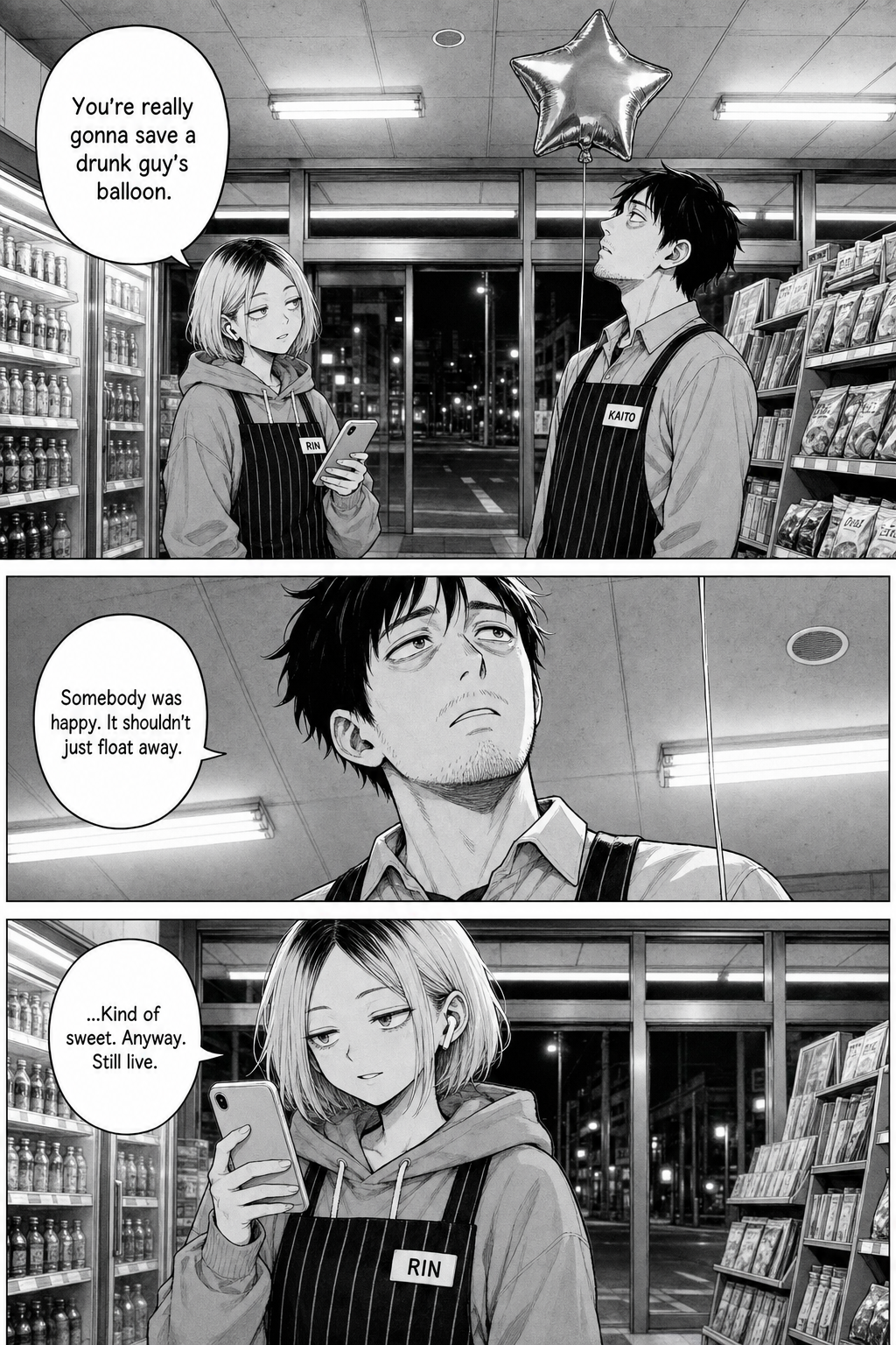 Rin lowers her phone for a moment, almost sincere, as Kaito quietly explains why the balloon matters.