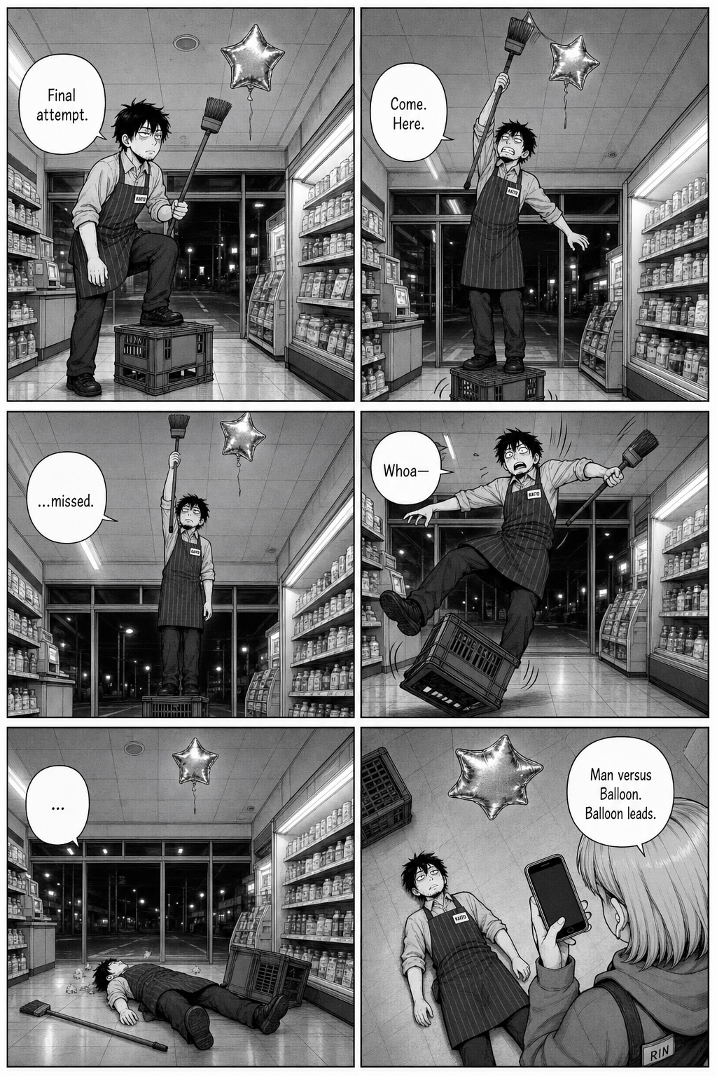 Kaito climbs a milk crate for a final swing, misses again, and topples off onto his back.