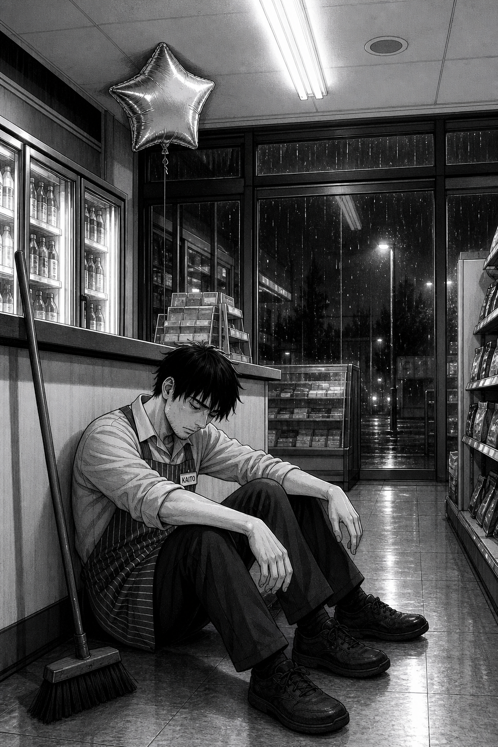 Exhausted, Kaito slumps on the floor against the counter, broom beside him, the balloon still overhead.