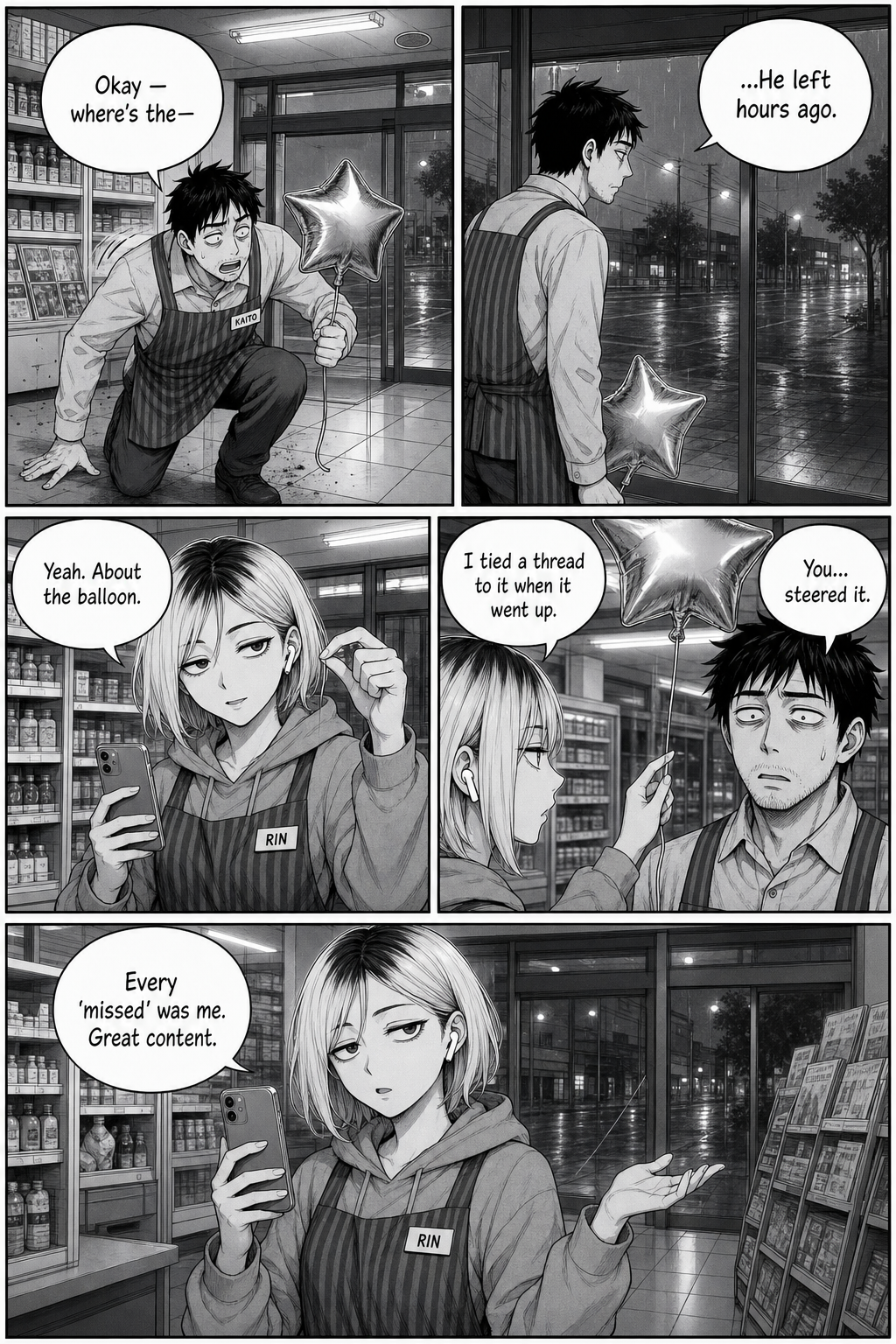 Kaito turns to return the balloon but the owner is long gone; Rin reveals a thread tied to its string.