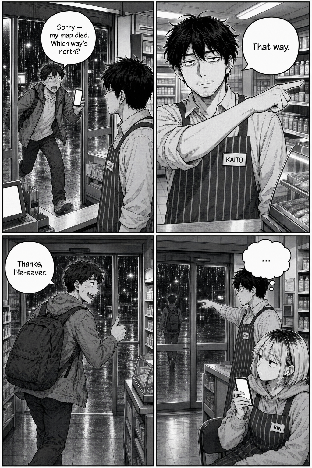 A lost young man asks Kaito the way; Kaito points confidently to one side, then his arm stays raised as the man leaves.
