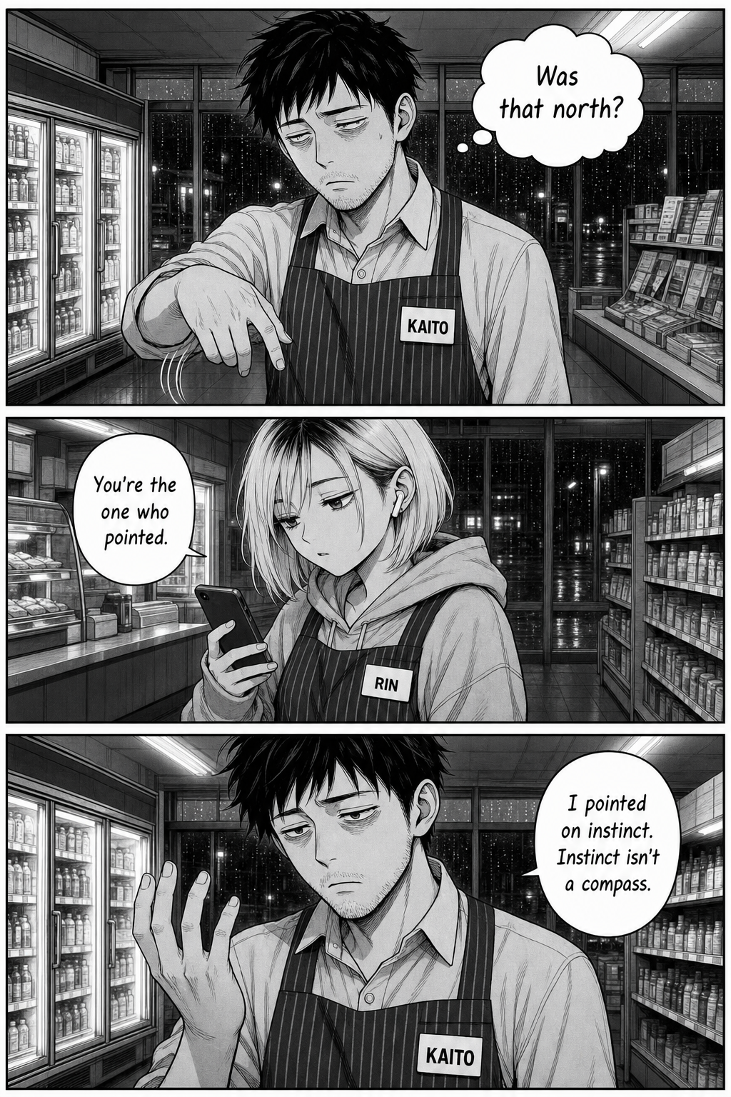Kaito lowers his arm, doubting; Rin, flat, says he's the one who pointed; Kaito stares at his own hand.