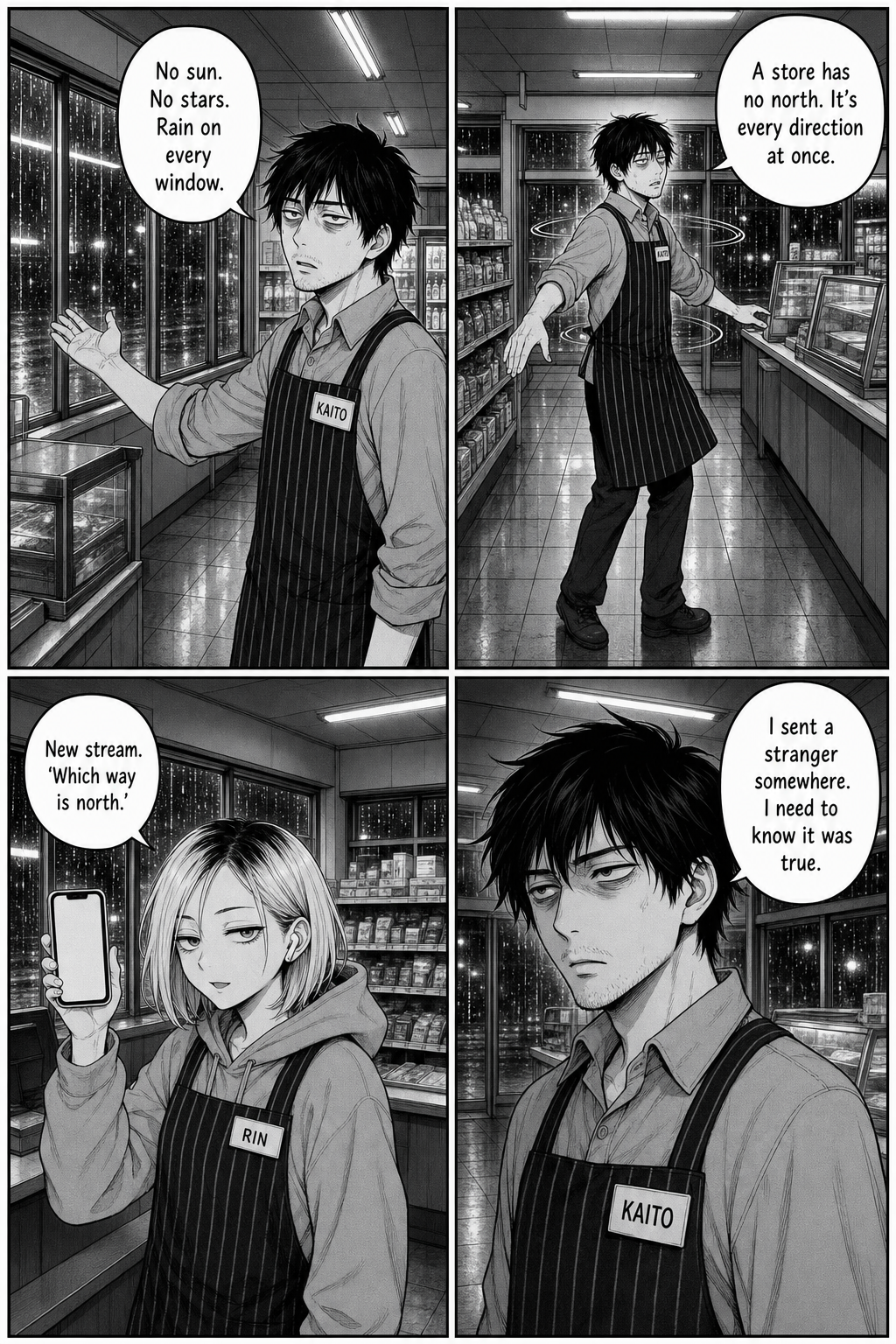 Kaito gestures at the rain on every window and turns in place, disoriented; Rin raises her phone to film; Kaito sets his jaw.