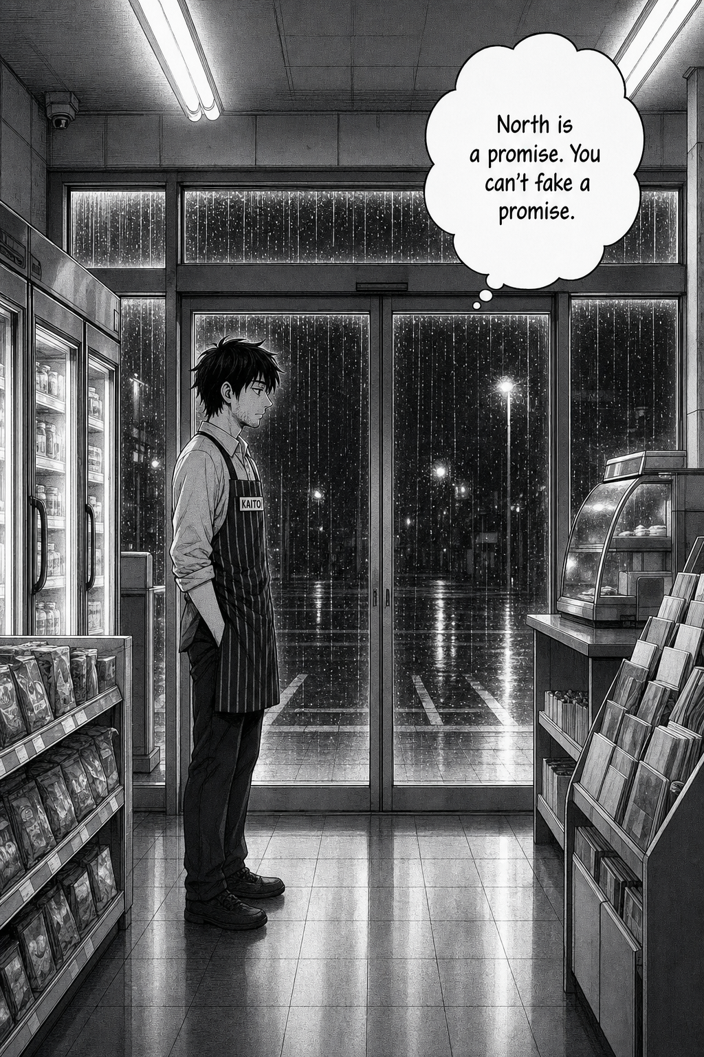 A quiet wide shot: Kaito stands small before the rain-streaked sliding doors, contemplating.