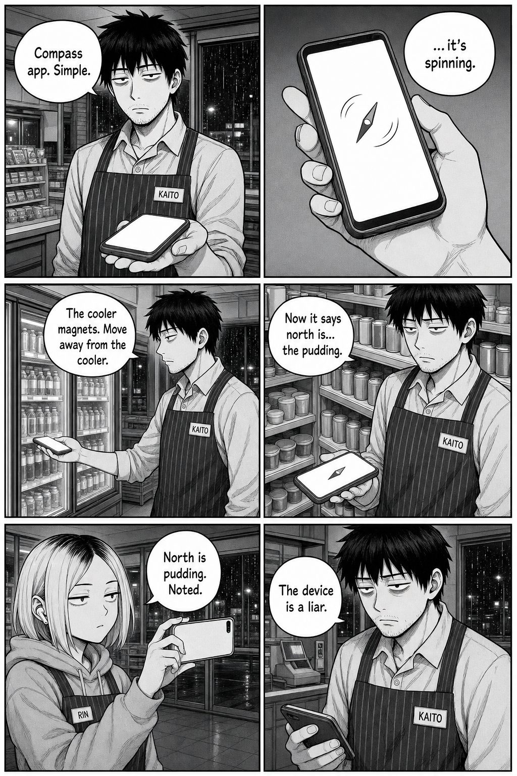 Kaito checks his phone compass, which spins uselessly near the cooler and points at the drinks; Rin deadpans; Kaito calls the device a liar.