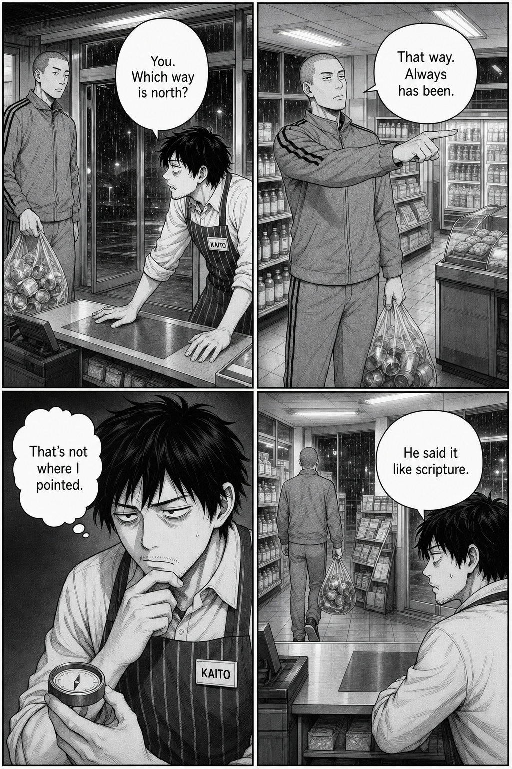 The tall shaved-head tracksuit regular with his bag of cans points a different way and calls it certain; Kaito notes it doesn't match his own direction.