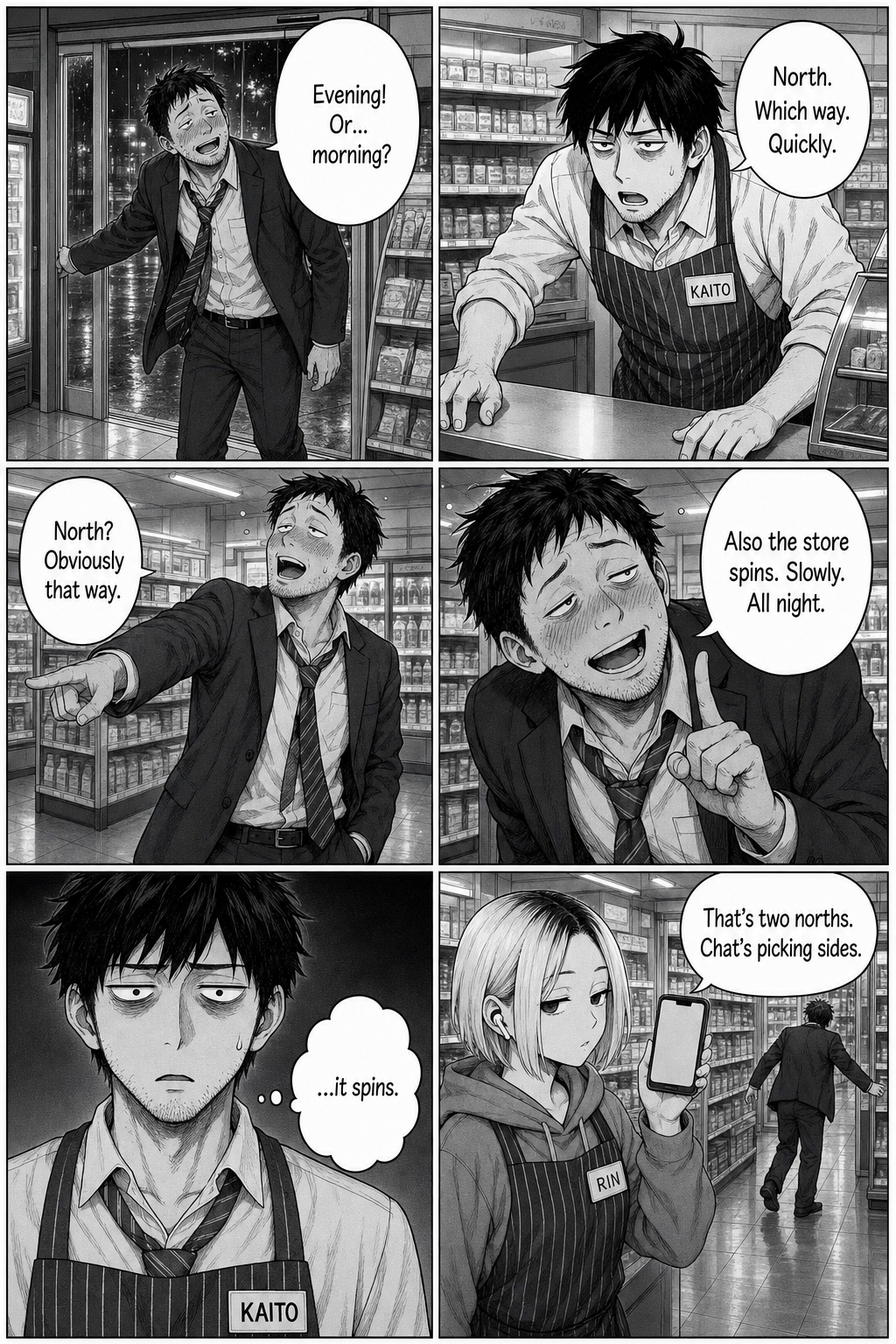 A drunk salaryman points the opposite way and insists the store slowly spins; Kaito is horrified; Rin says chat is picking sides.