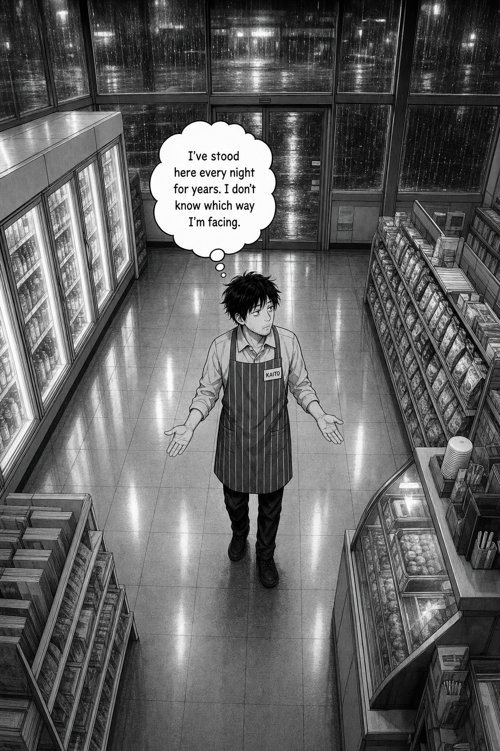 A high overhead shot of Kaito standing tiny and lost in the middle of the empty store, arms slightly out.